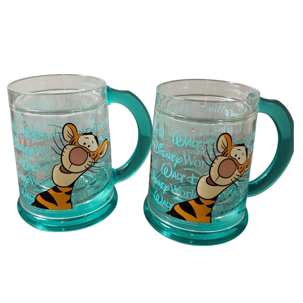 Set of 2 Vintage Disney Parks Tigger‎ Teal Acrylic Double Walled Mugs